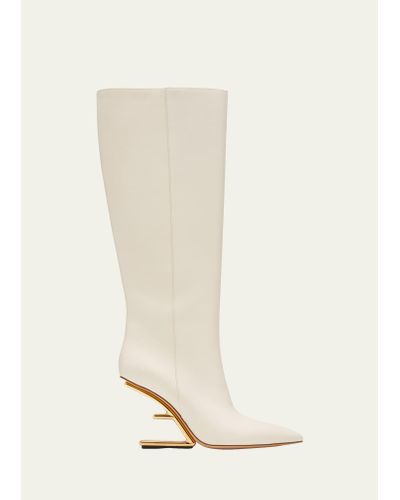 Fendi Calfskin F-heel Tall Boots - White