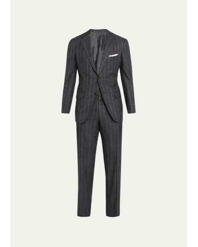 Kiton Chalk Stripe Cashmere-linen Suit - Blue