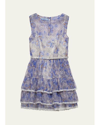 Prada Floral Tiered Lace-trim Leather Belted Chiffon Mini Dress - Blue