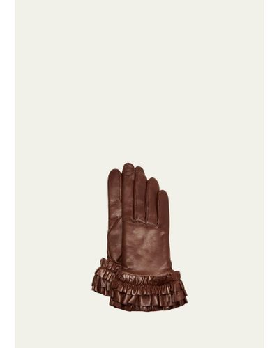 Agnelle Ruffle Cuffs Leather Gloves - Brown
