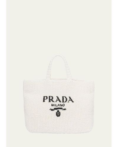 Prada Logo Striped Raffia Shoulder Bag - Natural