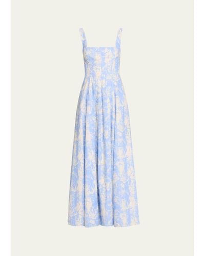 Lela Rose Square-neck Striped Flower-print Sleeveless Maxi Dress - Blue
