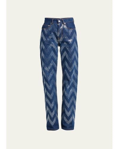 Missoni Sequin Zig-zag Embroidered Denim Pants - Blue