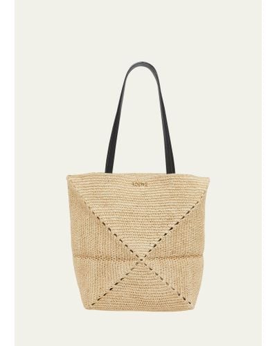 Loewe X Paula's Ibiza Medium Puzzle Fold Tote Bag In Raffia With Leather Handles - Natural