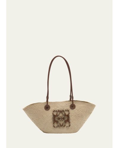 Loewe X Paula's Ibiza Anagram Small Basket Bag In Iraca Palm With Leather Handles - Natural