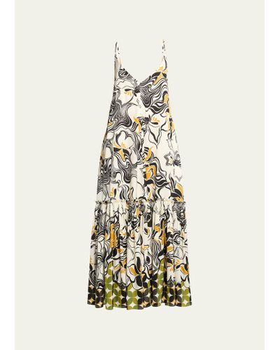 Dries Van Noten Diba Printed Midi Dress With Flounce Hem - White