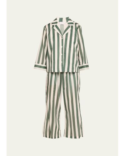 Pour Les Femmes Sato Cropped Striped Cotton Pajama Set - White
