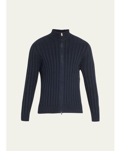 Bergdorf Goodman Cotton-cashmere Wide Rib Full-zip Sweater - Blue