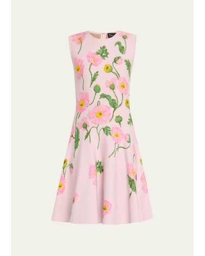 Oscar de la Renta Painted Poppies Jacquard Sleeveless A-line Dress - Pink