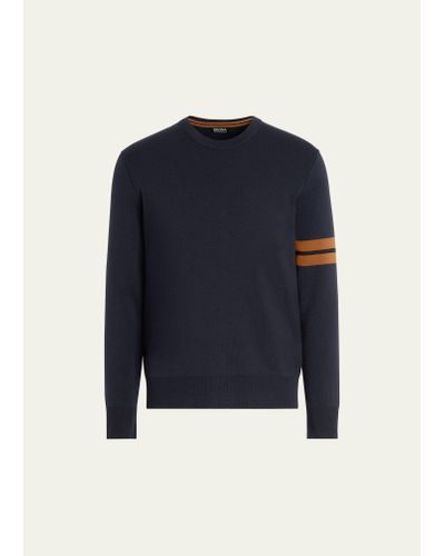 Zegna Signifier Stripe Wool Crewneck Sweater - Blue