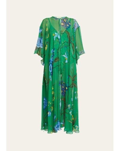 Erdem Floral-print Silk Open Maxi Kaftan Dress - Green
