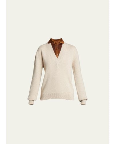 Loewe Layered Plaid Shirt Wool Sweater - Natural
