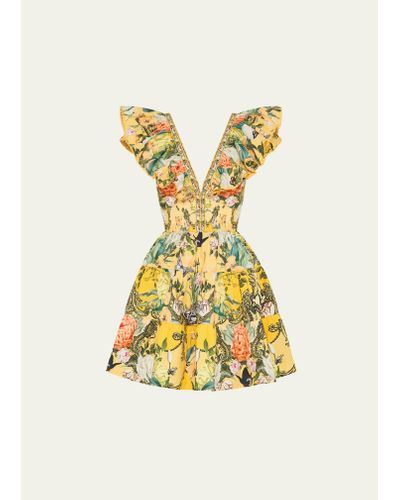 Camilla Tiered Neck Frill Floral Cotton Mini Dress - Metallic