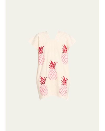 Pippa Holt Single-panel Mini Kaftan In White With Pink Pineapple Embroidery