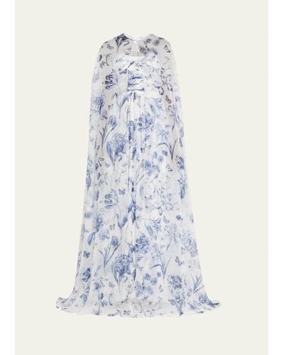 Oscar de la Renta Floral Strapless Chiffon Gown With Cape - White