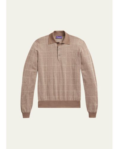 Ralph Lauren Purple Label Glen Plaid Cashmere-silk Polo Sweater - Natural