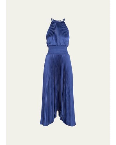 A.L.C. Renzo Ii Satin Pleated High-neck Midi Dress - Blue