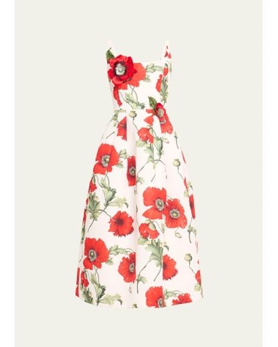 Oscar de la Renta Poppies-print Flower-applique Scoop-neck Sleeveless Midi Dress - White