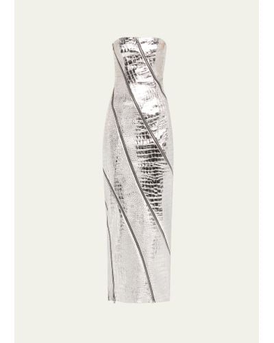 LAQUAN SMITH Strapless Metallic Croc Leather Zipper Gown - White