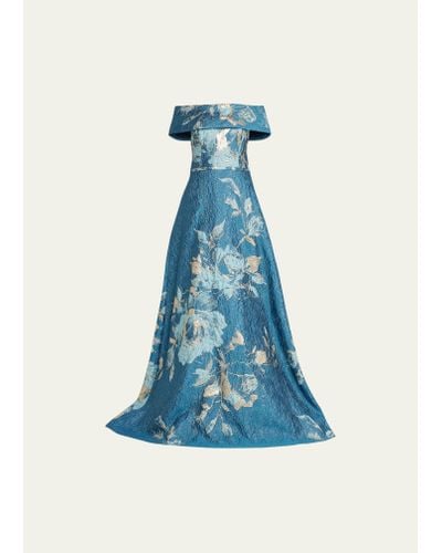 Teri Jon Off-shoulder Metallic Flower Jacquard Gown - Blue