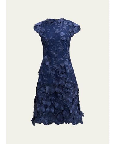 Teri Jon 3d Floral Applique Lace Knee-length Dress - Blue