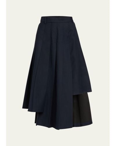 ROKH Box Pleat Asymmetric Midi Wool Skirt - Blue