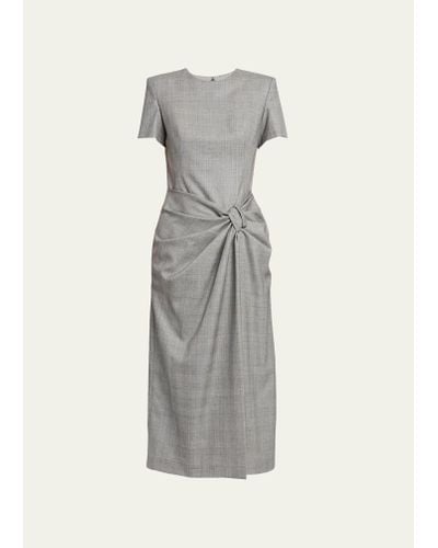 Alexander McQueen Prince Of Wales Ruched Waist Wool Midi Dress - Gray