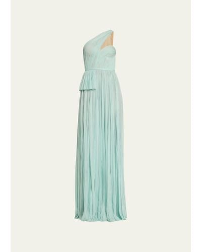 J. Mendel One-shoulder Hand-pleated Chiffon Gown - Blue