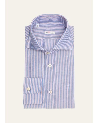 Kiton Cotton-linen Stripe Dress Shirt - Purple