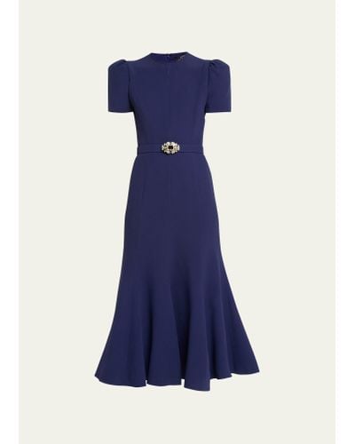 Andrew Gn Puff-sleeve Crystal Belted Flared Midi Dress - Blue