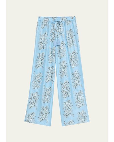 Hannah Artwear Theo Wide-leg Silk Paisley Drawstring Pants - Blue