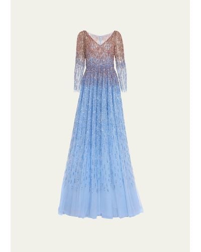 Pamella Roland Ombre Embroidered Evening Gown - Blue