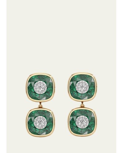 Bhansali 18k Yellow Gold One Collection Double Cushion Bezel Emerald And Diamond Earrings - Green