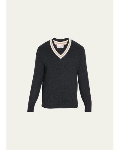 Brunello Cucinelli Cashmere Varsity V-neck Sweater - Blue