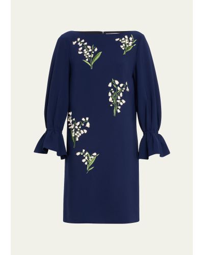 Carolina Herrera Embroidered Shift Dress With Flutter Sleeves - Blue