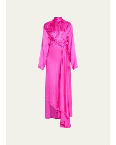 Balenciaga Front Drape Bb Scarf-neck Silk Dress - Pink
