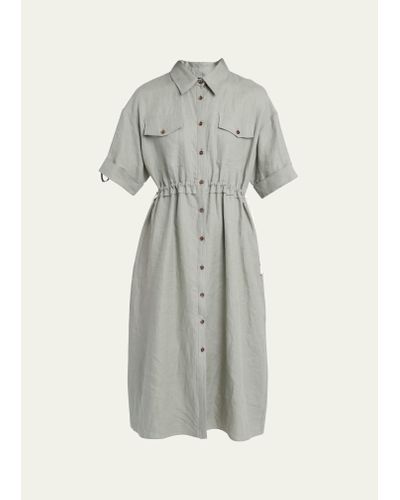 Kiton Drawstring Linen Button Down Midi Dress - Gray