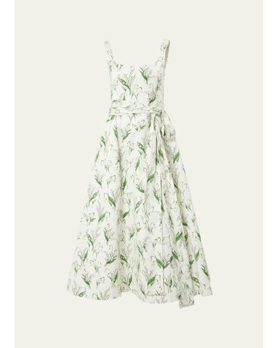 Carolina Herrera Floral Print Midi Dress With Sash Belt - White