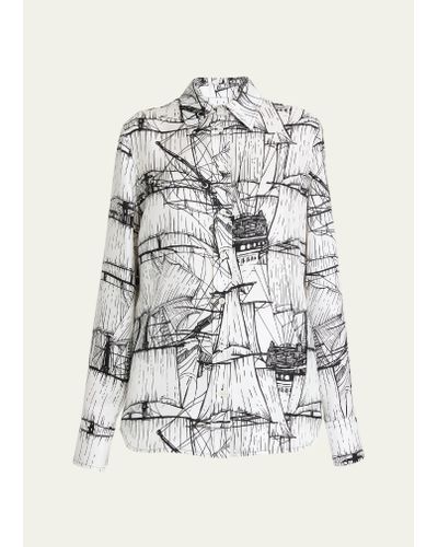 Ferragamo Nautical Printed Silk Blouse - Gray