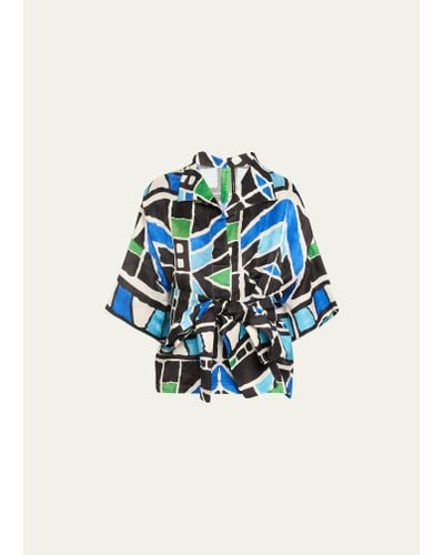 Rianna + Nina Kilimi Claudia Abstract Print Self-tie Linen Blouse - Blue