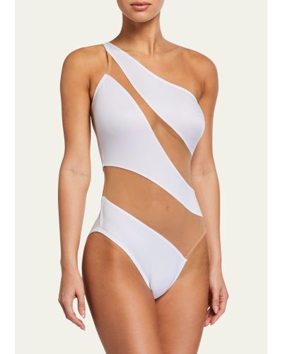 Norma Kamali Snake One-shoulder Mesh-paneled Swimsuit - White