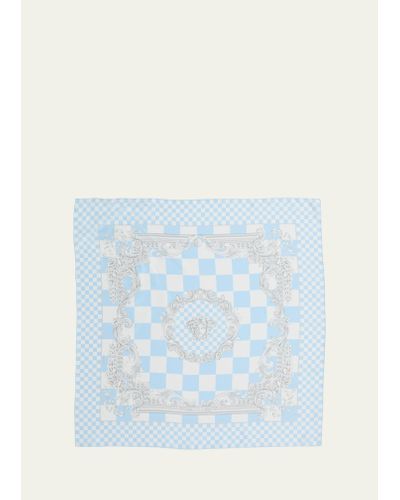 Versace Baroque Checkered Silk Square Scarf - Blue