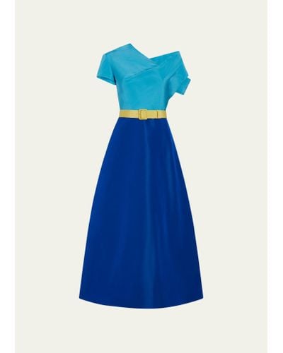Rosie Assoulin Grace Me With Your Cold Shoulder Colorblock Belted Silk Dress - Blue