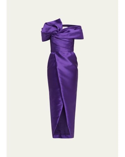 Marchesa Off-shoulder Draped Gown With Tulip Skirt - Purple