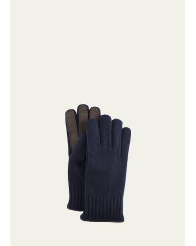 Bergdorf Goodman Cashmere Jersey Gloves W/ Deerskin Palms - Blue