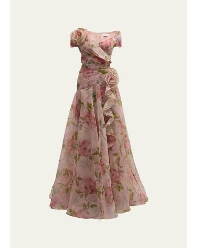 Teri Jon Pleated Off-shoulder Floral-print Organza Gown - Pink