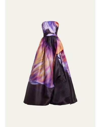 Marchesa Strapless Satin Organza Draped Gown - Multicolor