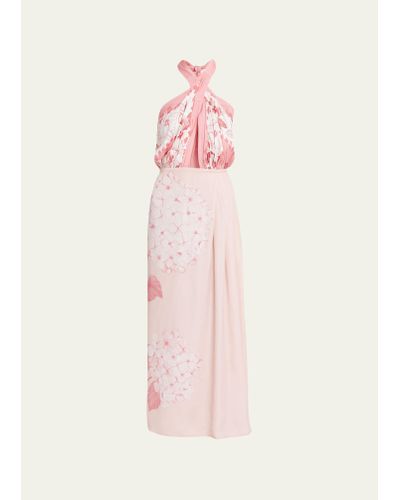 VERANDAH Hydrangea-print Saree Hand-draped Midi Dress - Pink