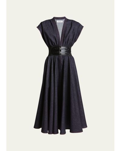 Alaïa Belted Denim Midi Dress With Contrast Seams - Blue