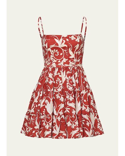 Agua Bendita Lima Floral Embroidery Linen Mini Dress - Red